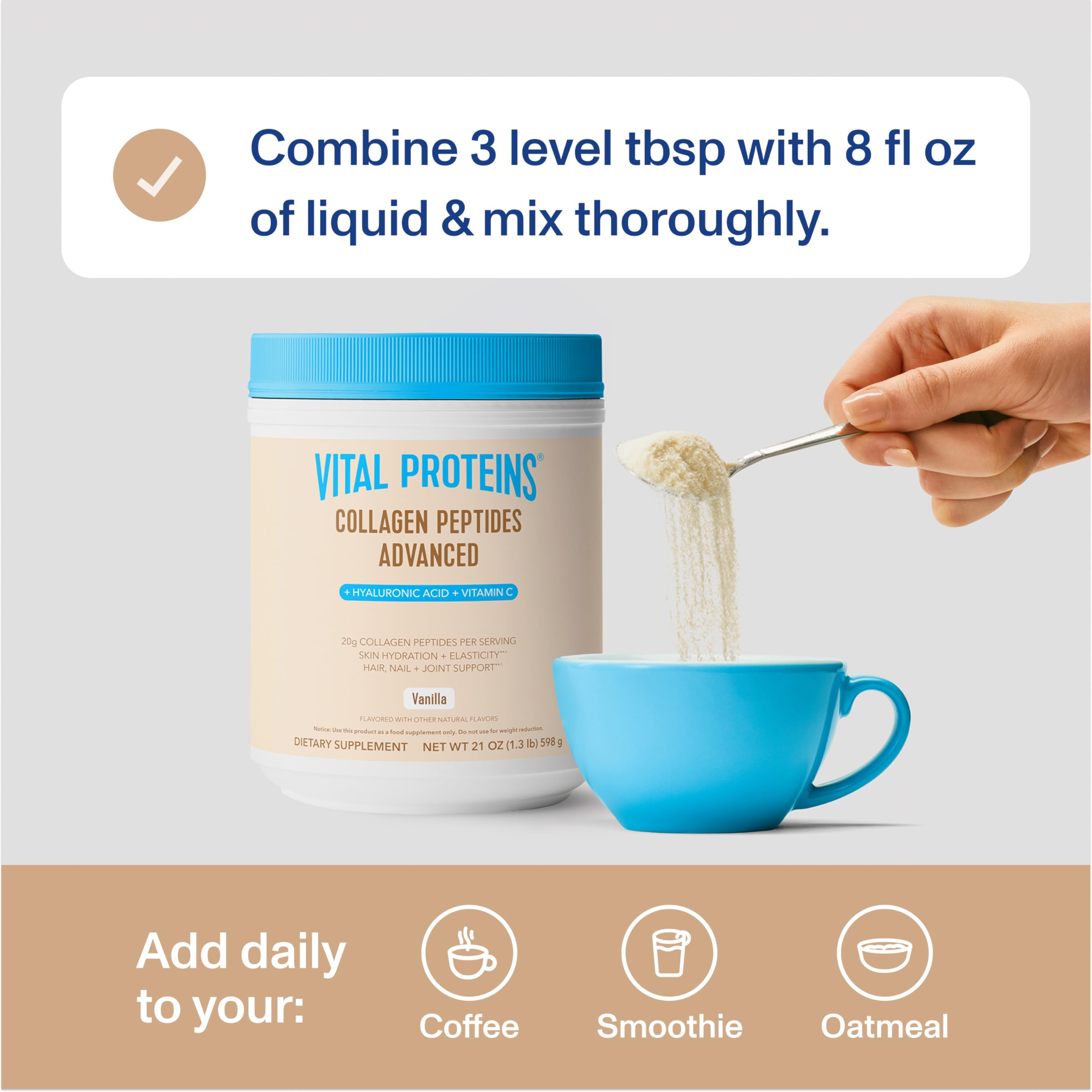 Vital Proteins Collagen Peptides Advanced nutrition panel emphasizes 21 oz size.