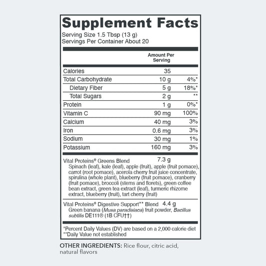 Vital Proteins Green Apple Daily Greens ingredients closeup with real apples and probiotic blend.