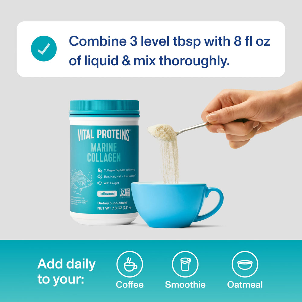 Marine collagen powder being stirred into coffee or smoothie