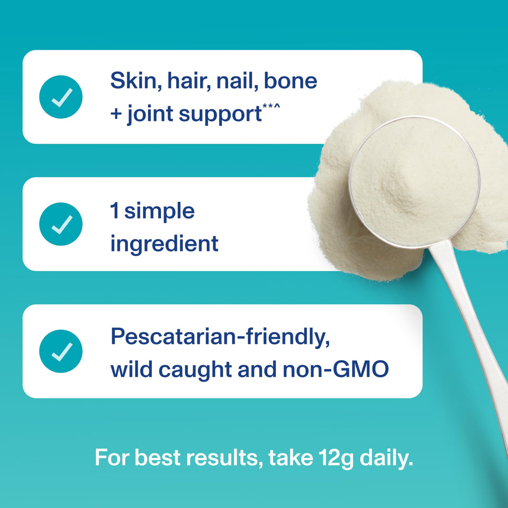 Product image highlighting benefits for hair, skin, nails, and joints
