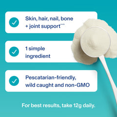 Product image highlighting benefits for hair, skin, nails, and joints