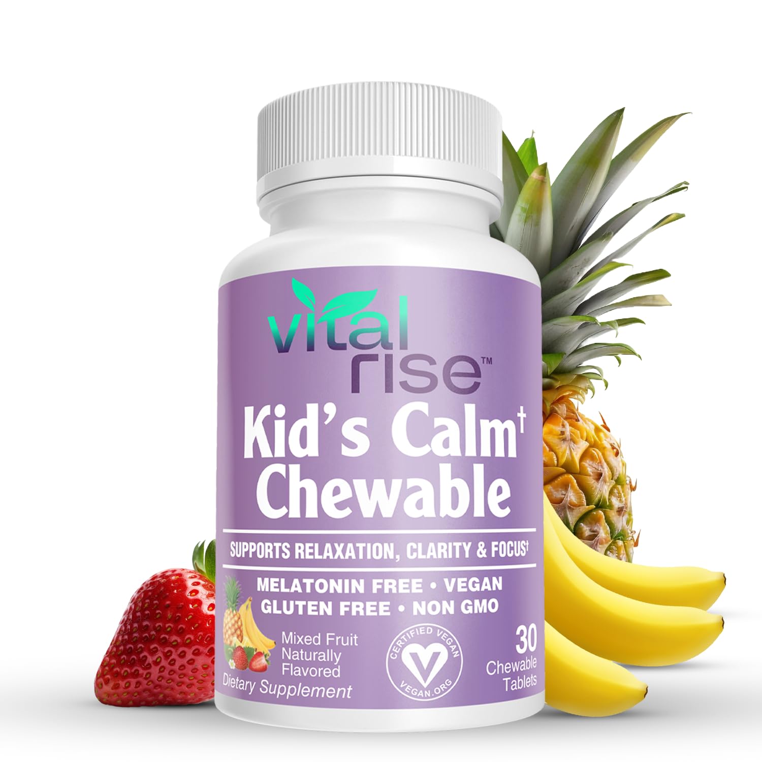 Front view of Vital Rise Kids Magnesium Chewables bottle with Mixed Fruit flavor