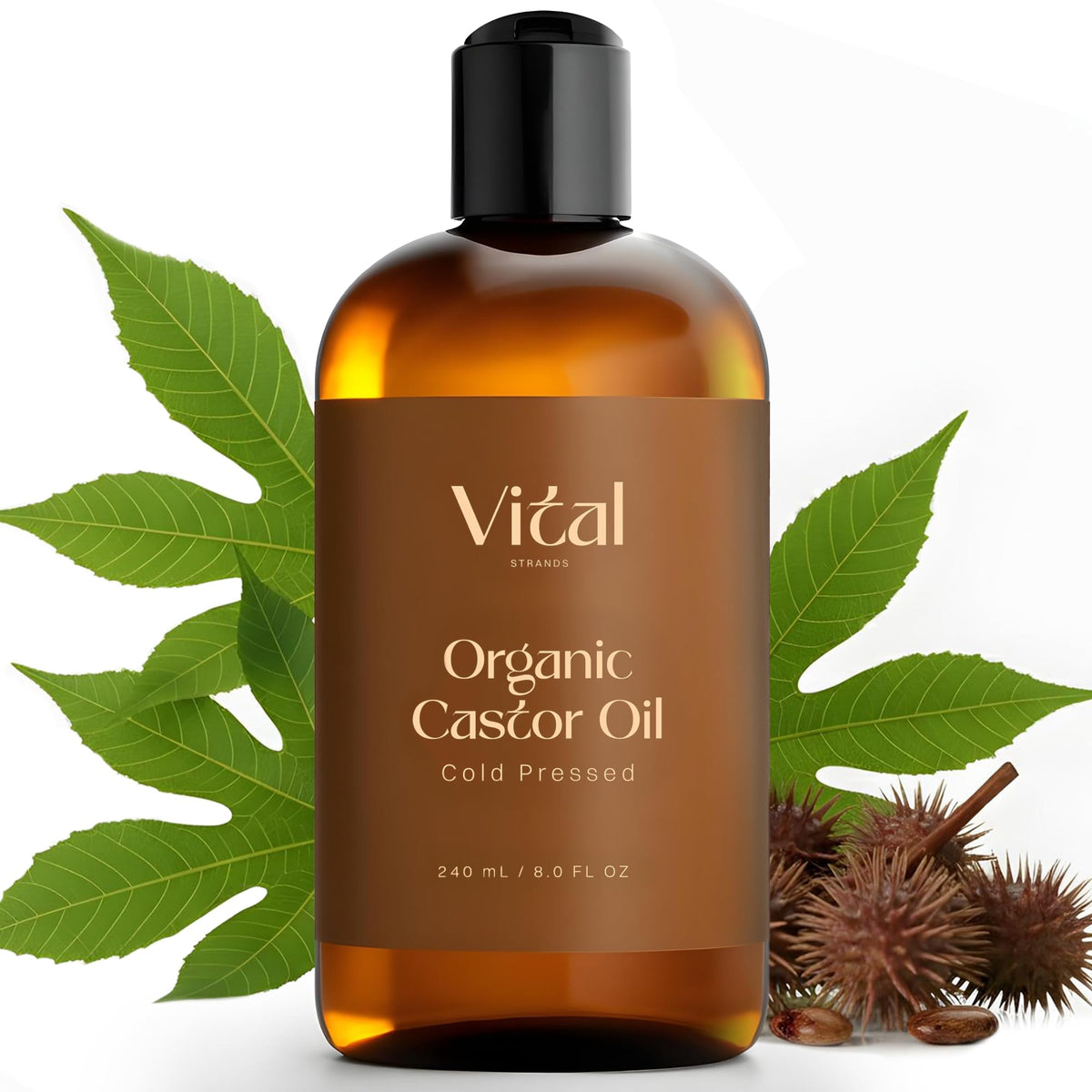 Vital Strands Castor Oil 8oz bottle in dark glass