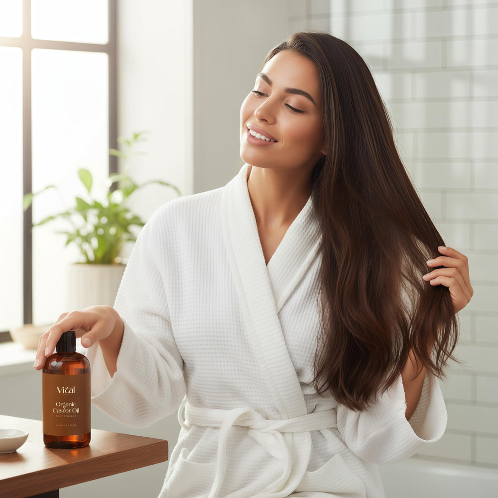 Vegan, cruelty-free castor oil bottle in dark glass