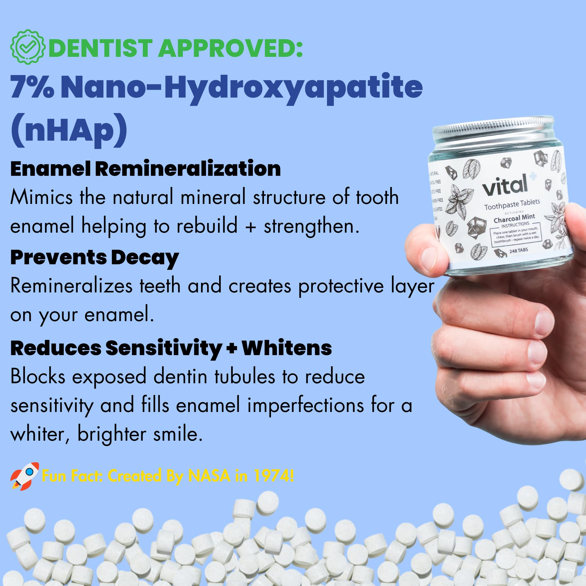 Close-up of toothpaste tablets displaying nano-hydroxyapatite