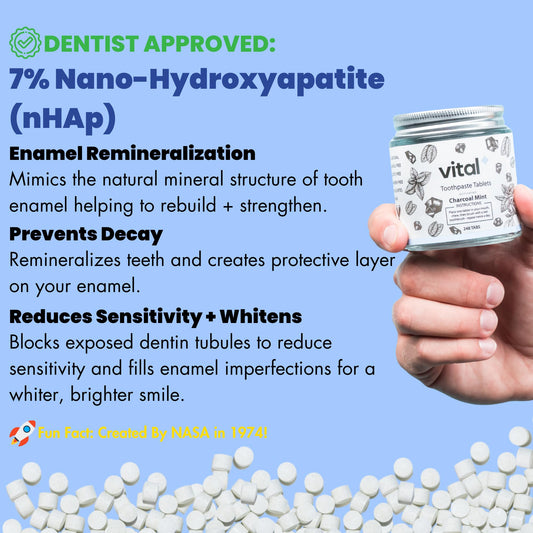 Close-up of toothpaste tablets displaying nano-hydroxyapatite