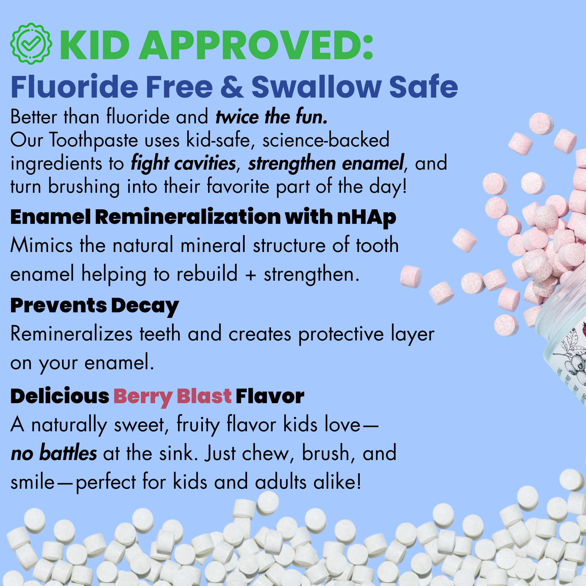 Berry Blast toothpaste tablets close-up