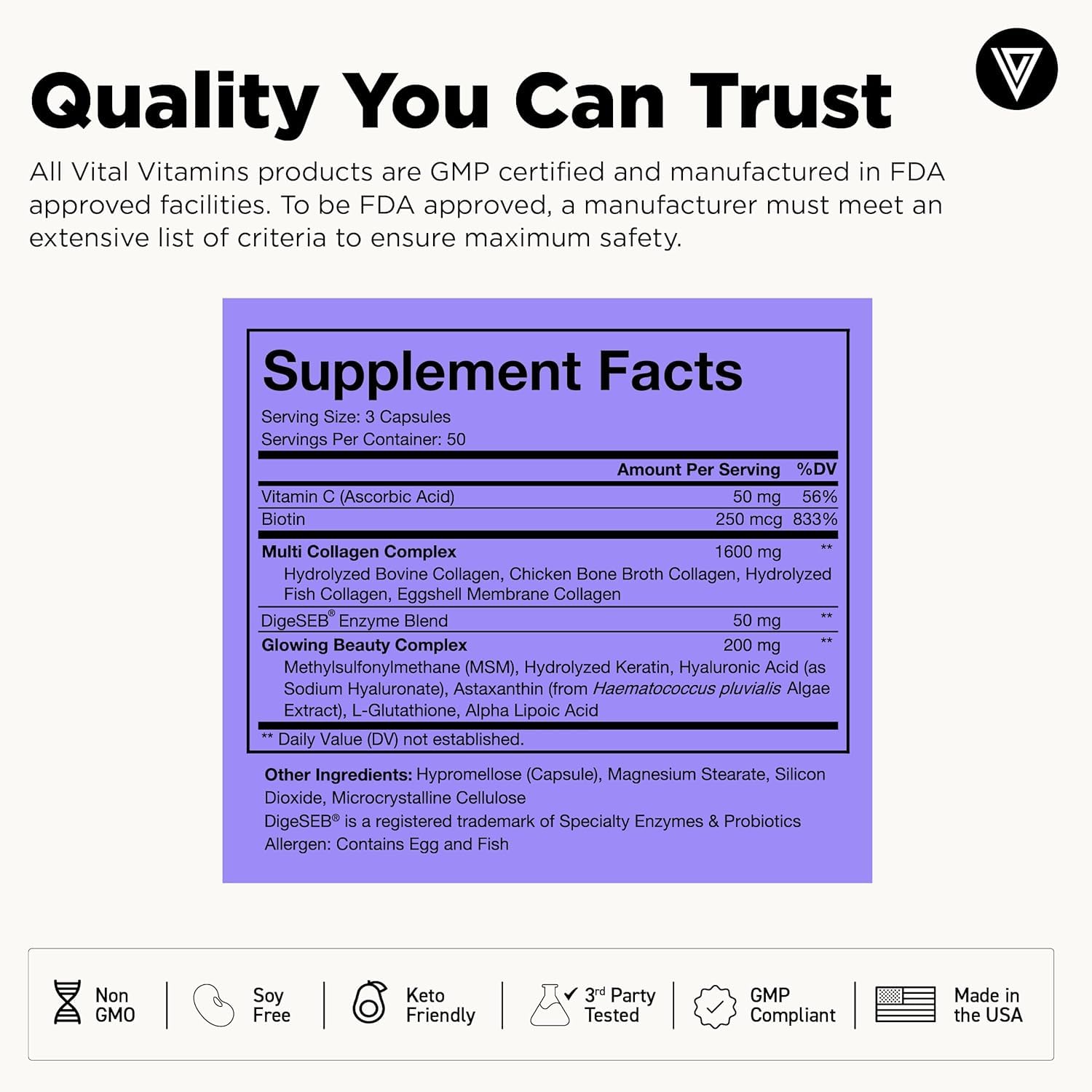 Collagen types I, II, III, V and X image for Vital Vitamins Multi Collagen Plus