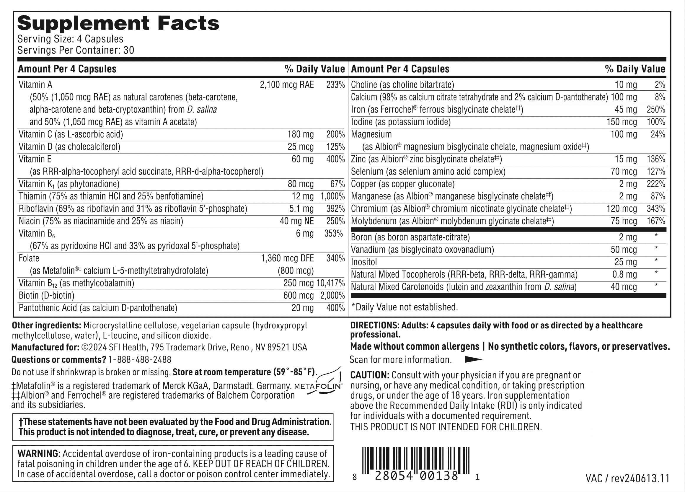 Ingredients panel for VitalActiv bariatric multivitamin