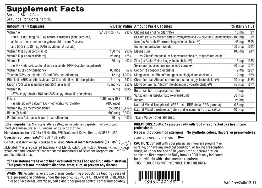 Ingredients panel for VitalActiv bariatric multivitamin