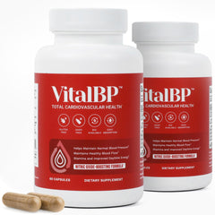 VitalBP bottle with capsules suggests potential support for healthy blood flow during daily activities.