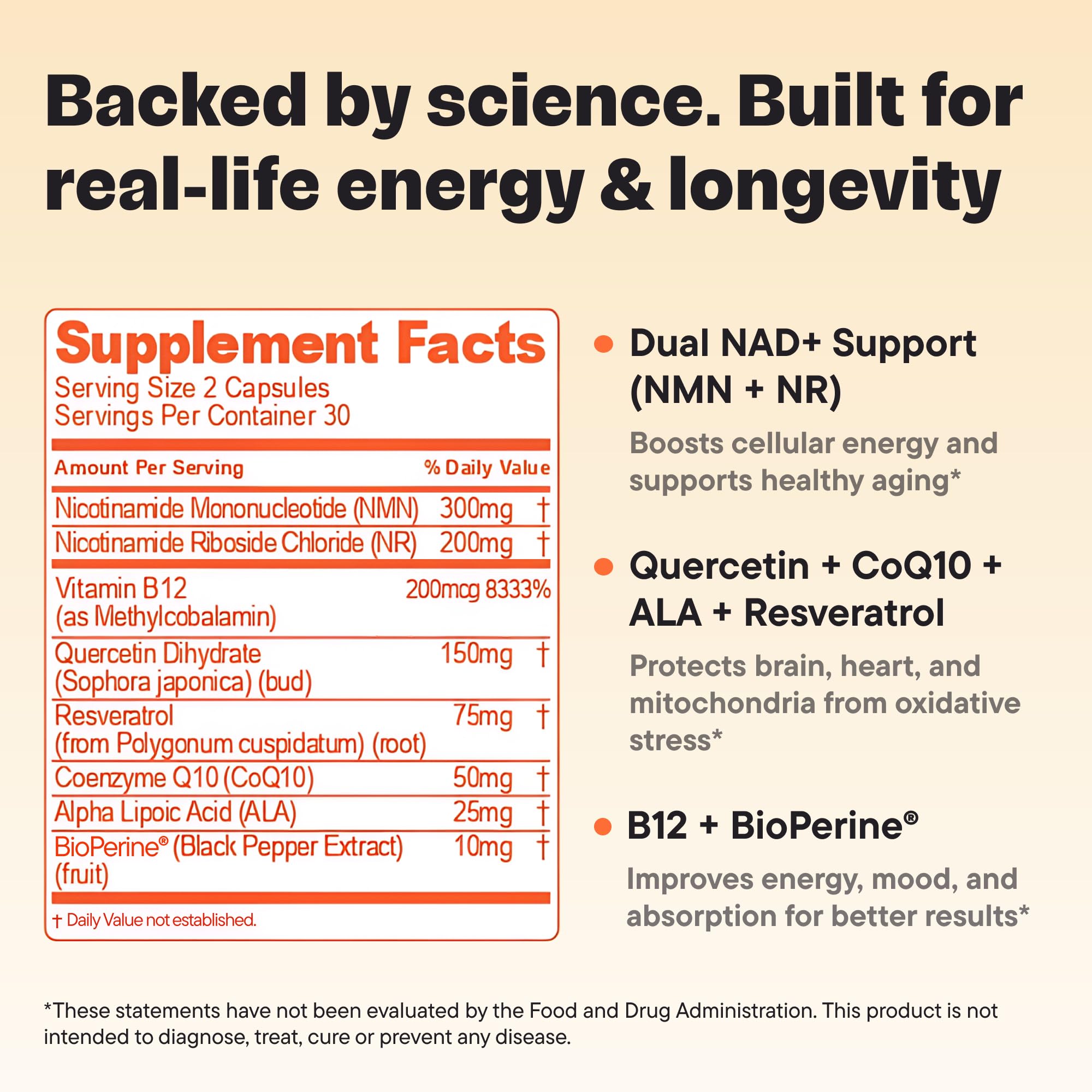 Close-up of NMN and NR ingredients label