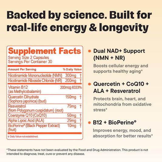 Close-up of NMN and NR ingredients label