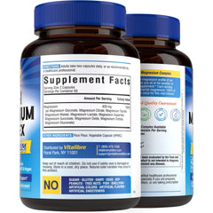 Non-GMO, vegan magnesium supplement label with allergen information