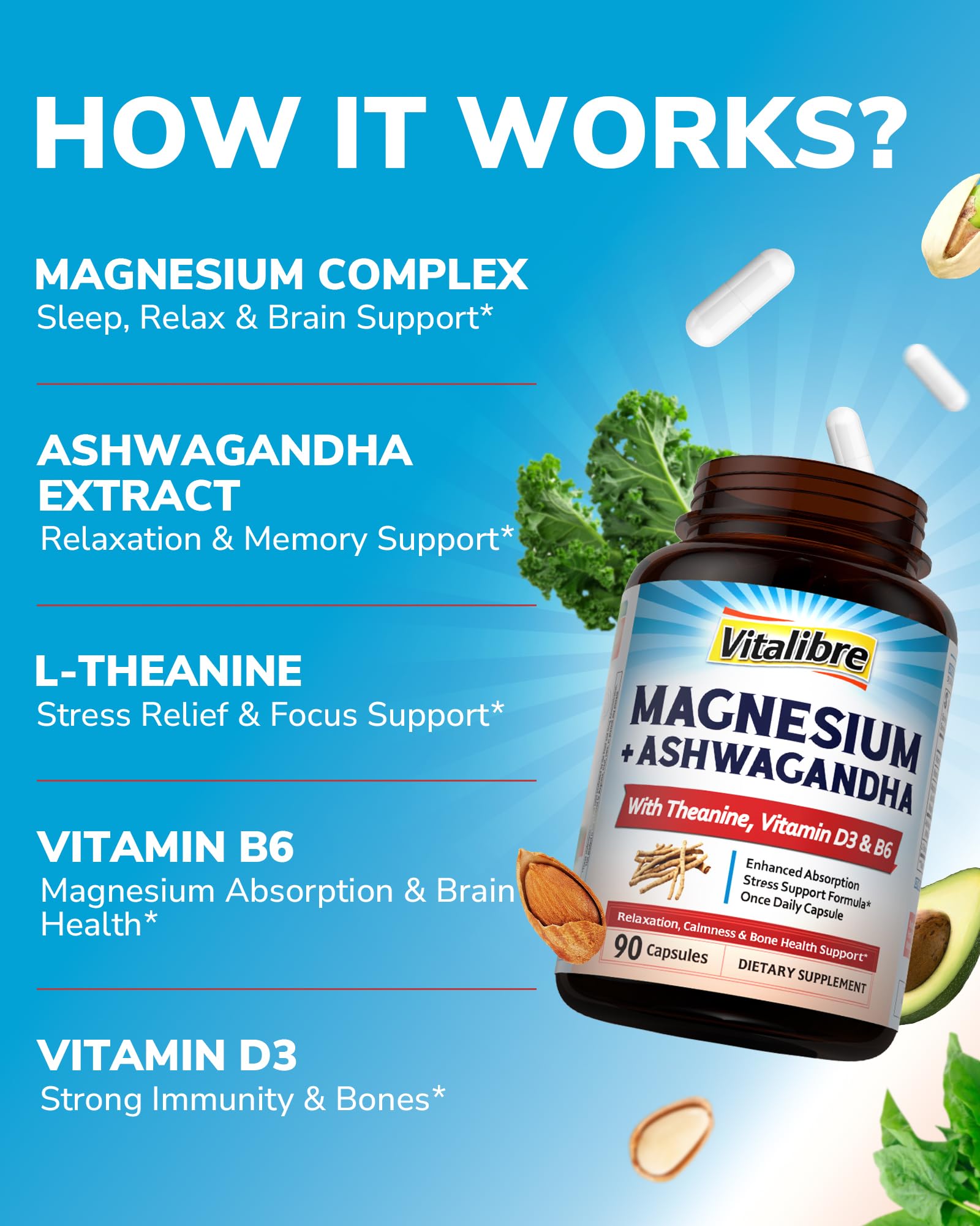 Bottle of Vitalibre magnesium with Ashwagandha and L-Theanine for calm focus