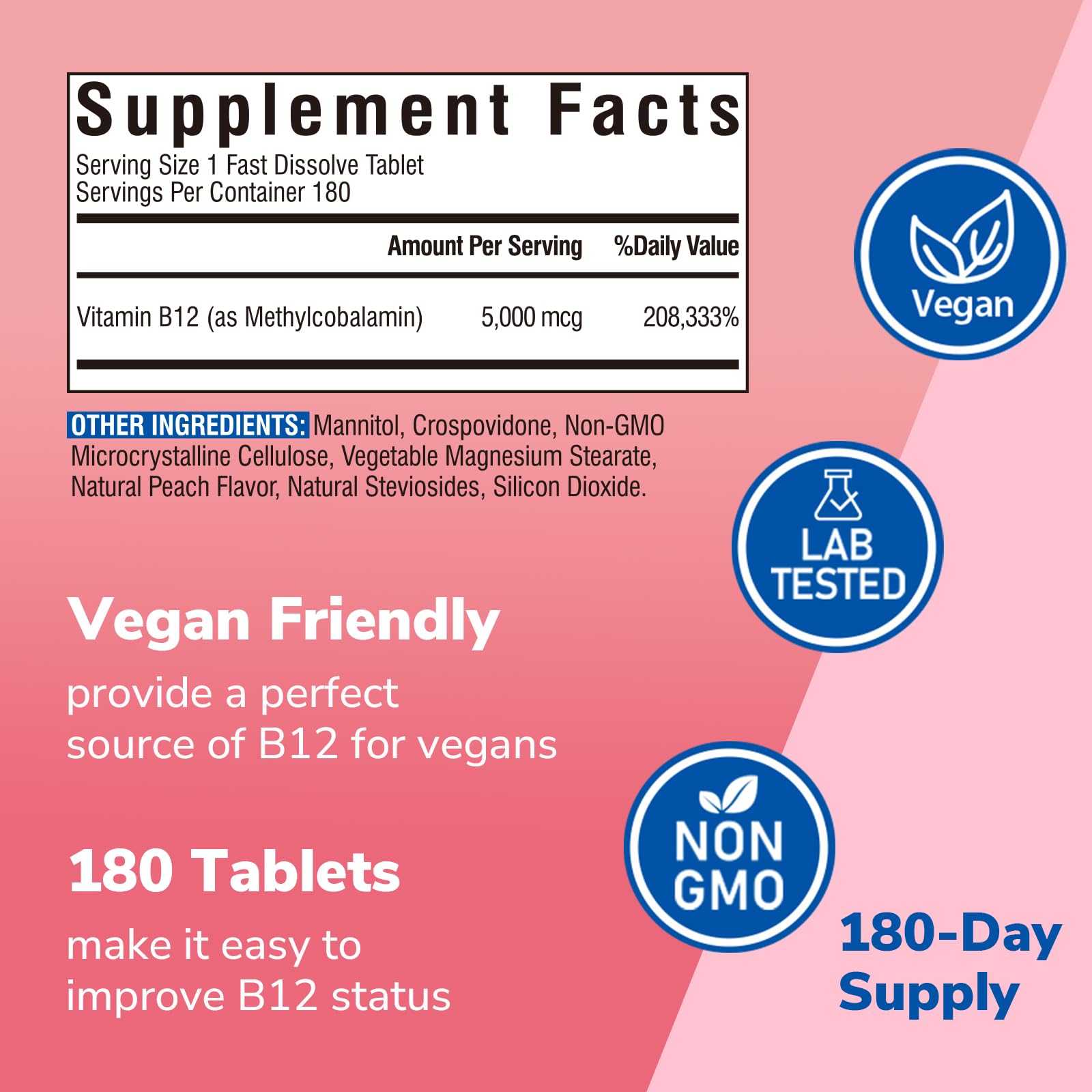 Bottle of Vitalibre Vitamin B12 Sublingual with 180 mini tablets