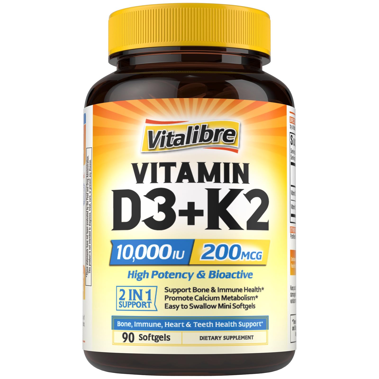 Main product image showing Vitalibre D3 K2 bottles and 90 softgels