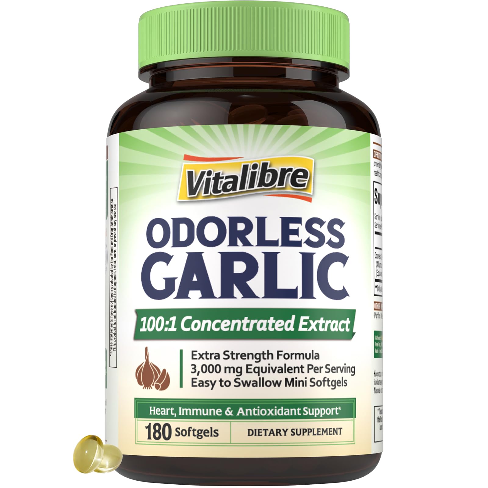 Vitalibre Odorless Garlic bottle with 180 softgels label