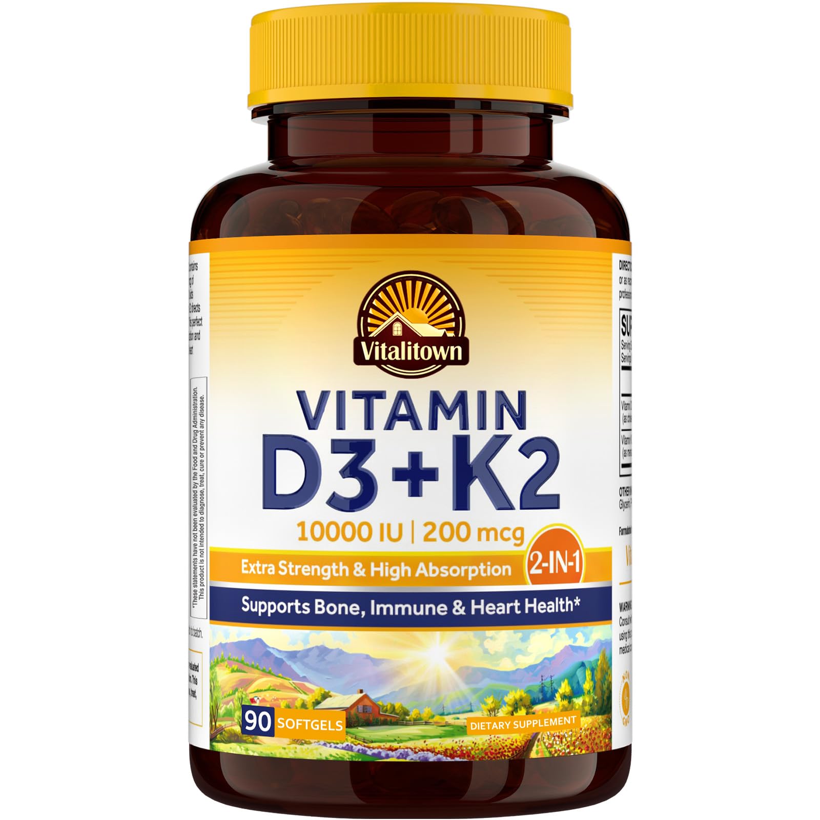 Vitalitown D3 K2 softgels bottle labeled 10000 IU D3 and 200 mcg MK-7