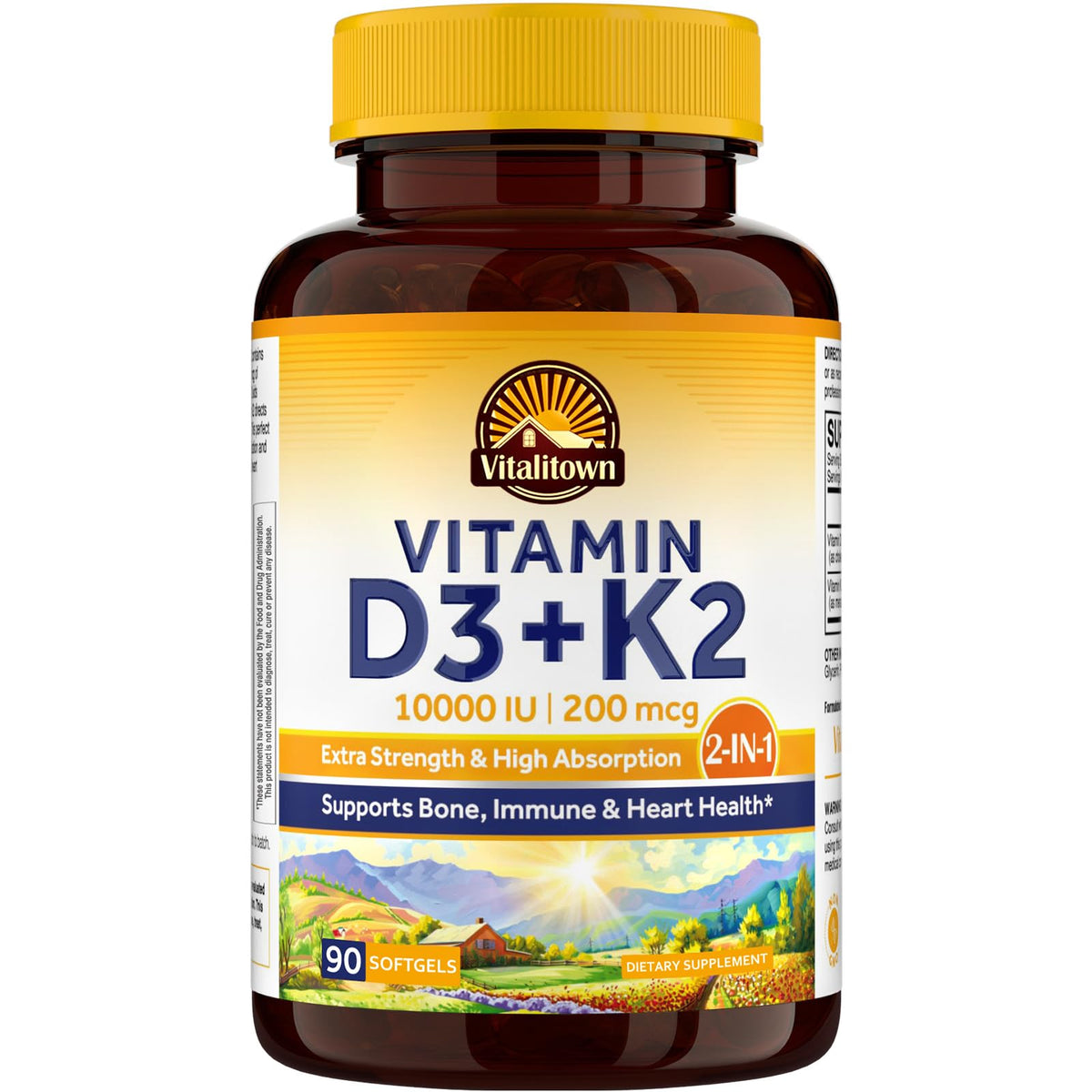 Vitalitown D3 K2 softgels bottle labeled 10000 IU D3 and 200 mcg MK-7