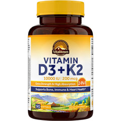 Vitalitown D3 K2 softgels bottle labeled 10000 IU D3 and 200 mcg MK-7
