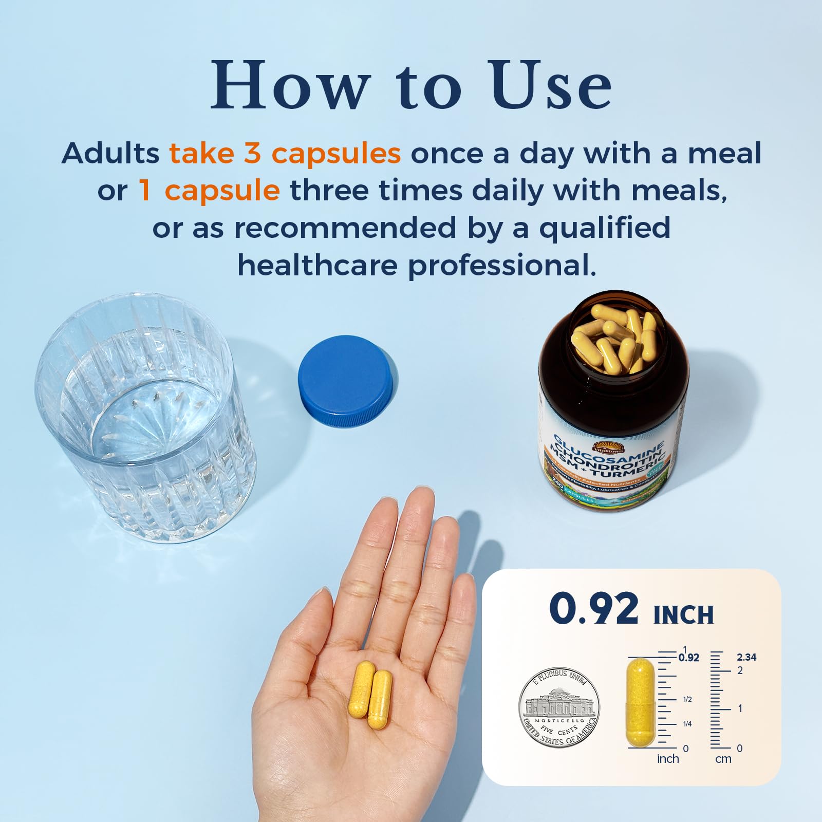 Capsules beside a Vitalitown bottle on white background