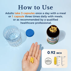 Capsules beside a Vitalitown bottle on white background