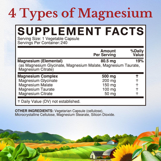Four chelated magnesium forms: glycinate, citrate, taurate, malate
