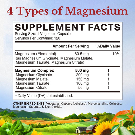 Close-up of four chelated magnesium forms: glycinate, citrate, taurate, malate