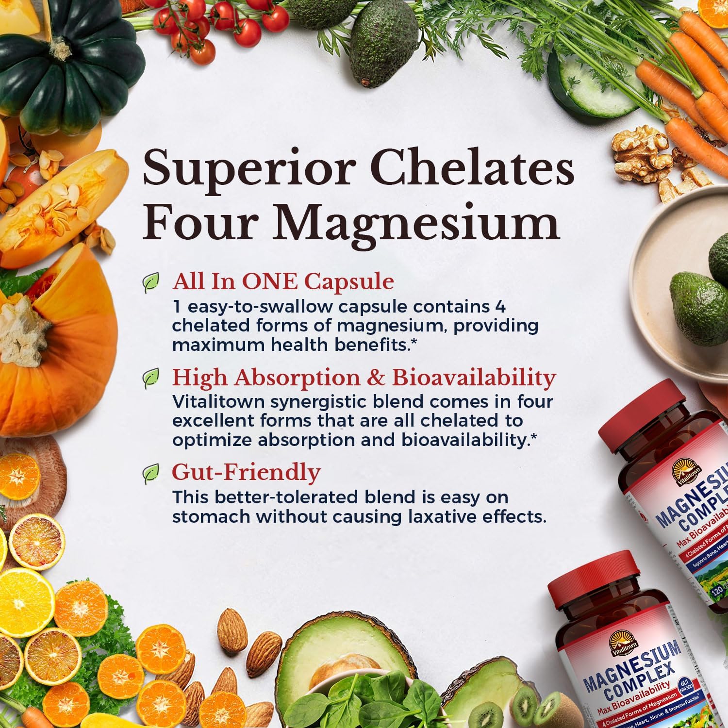 Close-up of magnesium capsules in Vitalitown Magnesium Complex