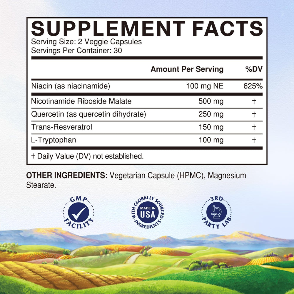 Supplement facts panel for Vitalitown NMN NAD 1100mg