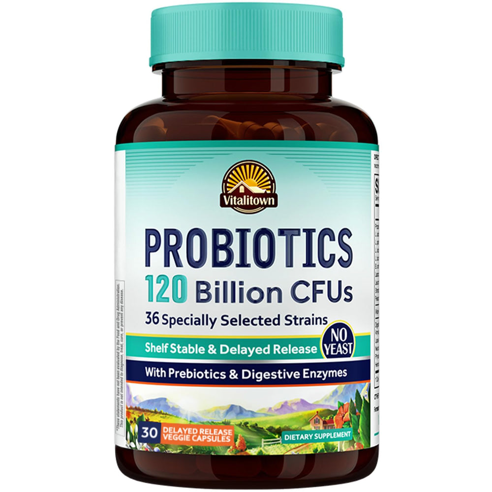 Bottle of Vitalitown Probiotics with 120B CFUs and 36 strains