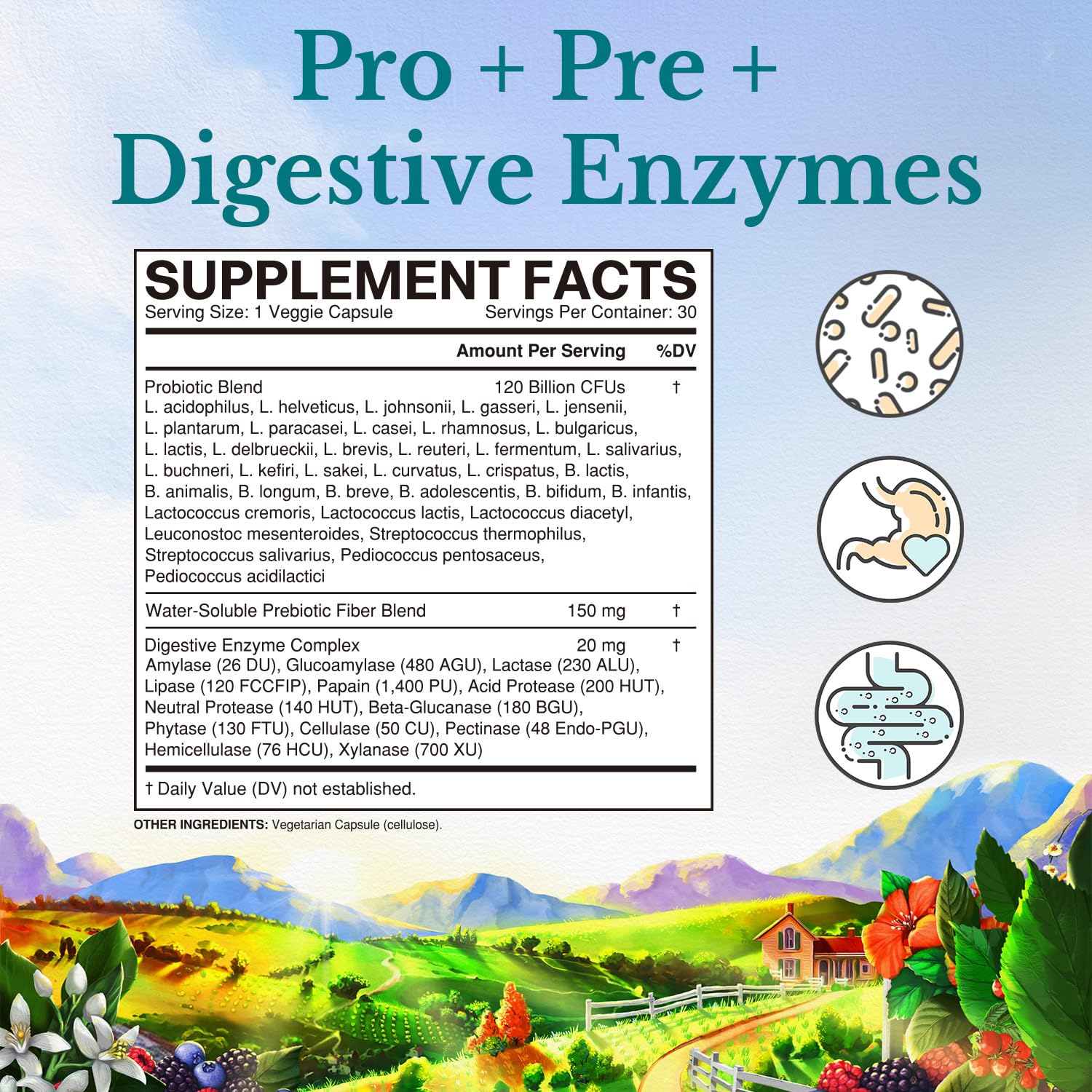 Label showing 120 Billion CFUs and 36 strains per capsule