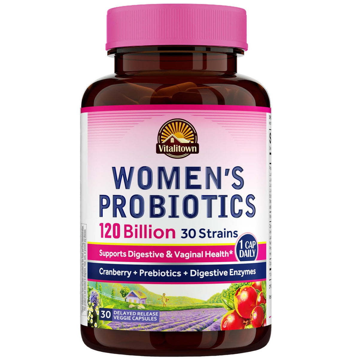 Vitalitown Women Probiotics bottle with 120B CFUs and 30 strains - front view