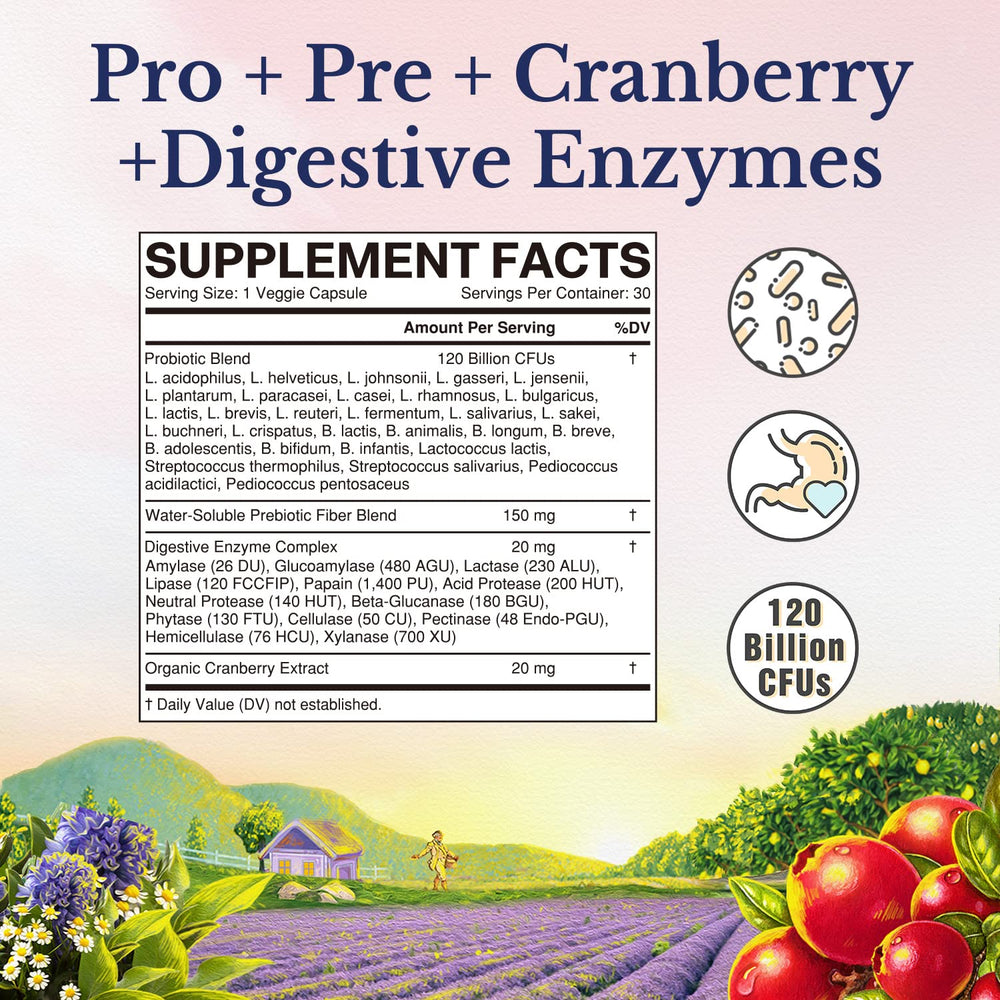 Close-up of probiotic capsules showing 120B CFUs and 30 strains
