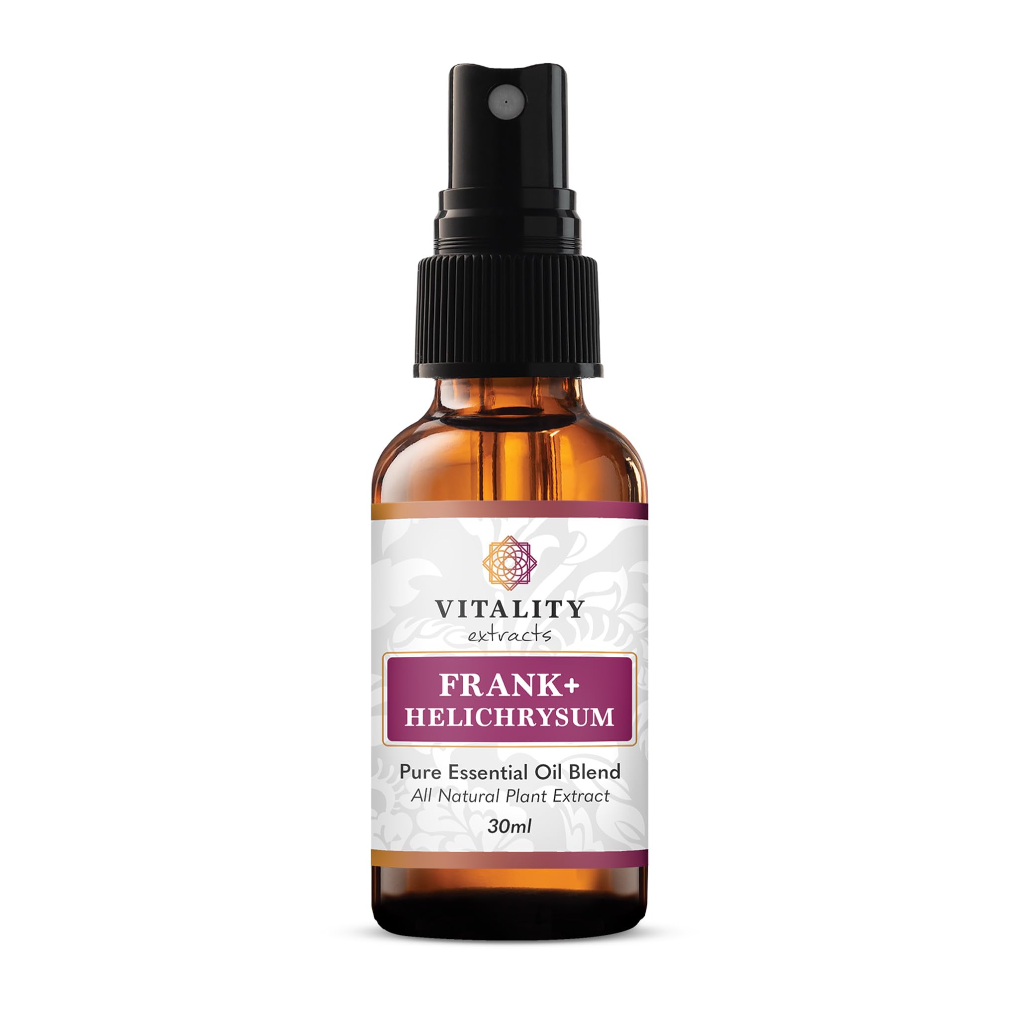 Vitality Extracts Frank+ Helichrysum Essential Oil Blend bottle and spray nozzle