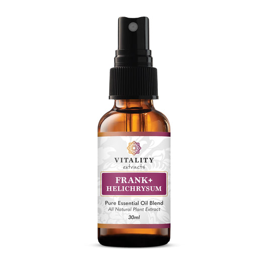 Vitality Extracts Frank+ Helichrysum Essential Oil Blend bottle and spray nozzle