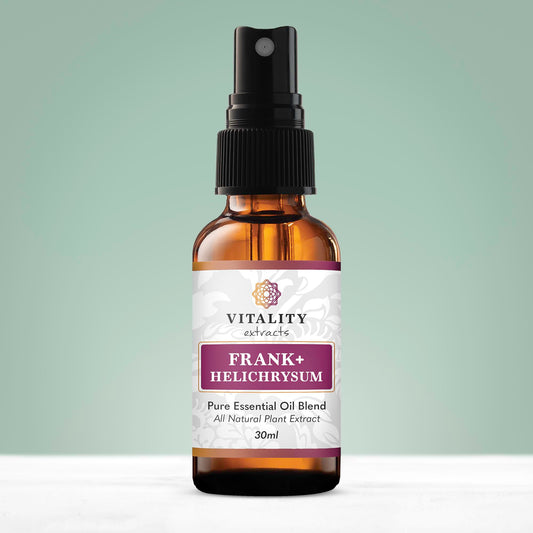 Close-up of essential oil spray bottle label with Frankincense and Helichrysum