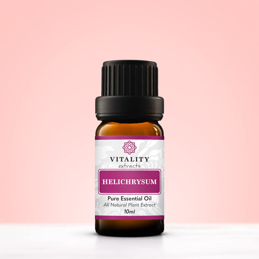Helichrysum essential oil product label close-up