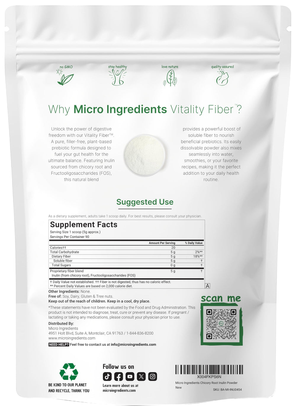 Chicory root inulin and FOS ingredients list for Vitality Fiber