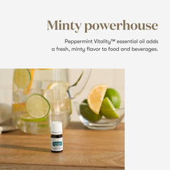 Peppermint essential oil bottle with label for baking
