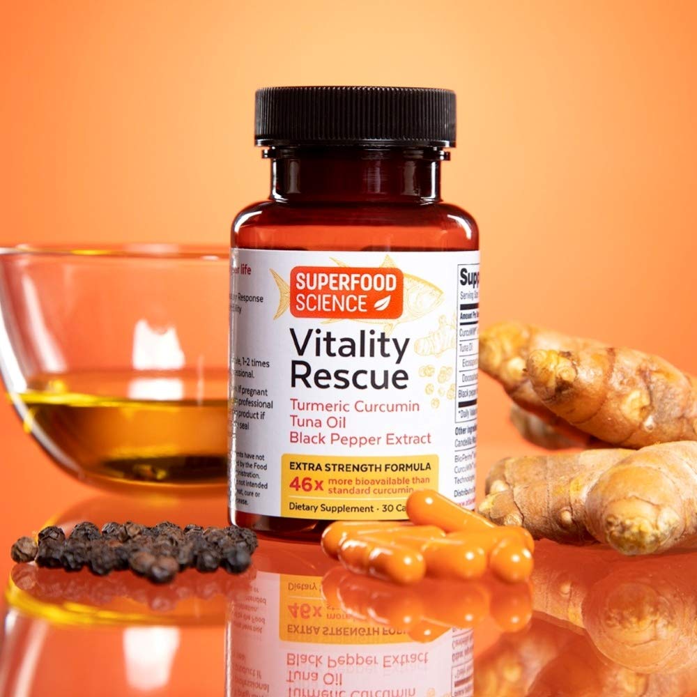 CurcuWin 46x absorption label on Vitality Rescue packaging.