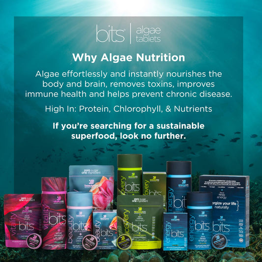 Close-up of VITALITYbits blue-green algae tablets (50/50 spirulina and chlorella)