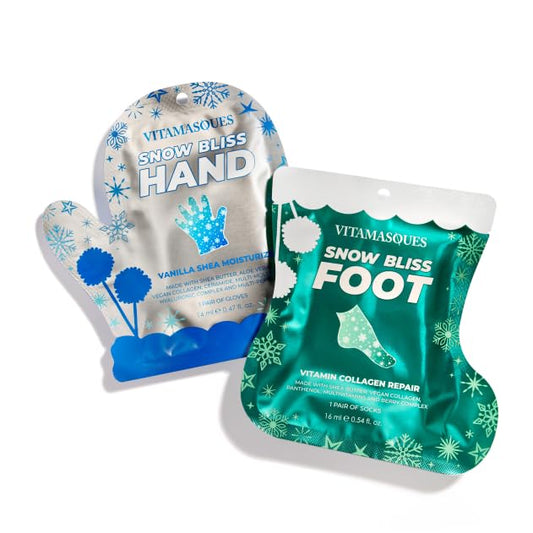 Vitamasques Holiday Snow Bliss hand mask packaging, emphasizing deep hydration.