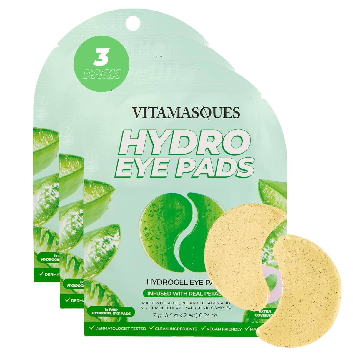 Vitamasques hydrogel eye pads with real petals resting under the eyes for a soothing, refreshing finish
