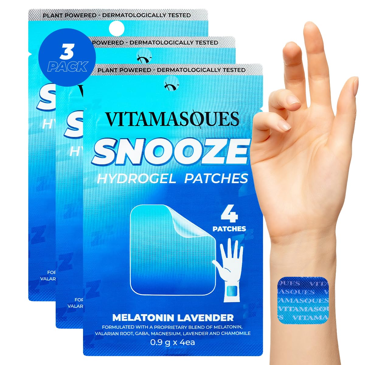 Snooze patch worn on wrist showing lavender