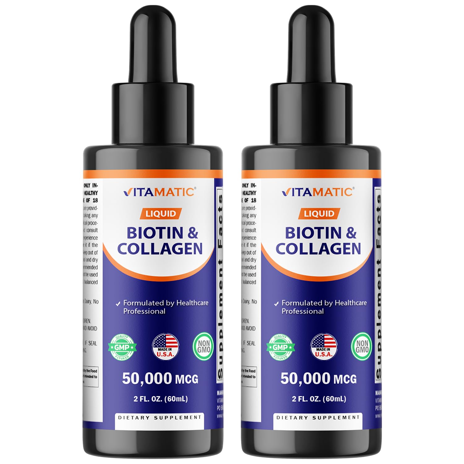 Vitamatic 2-pack liquid biotin and collagen bottle close-up