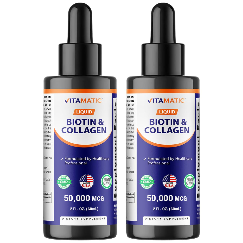 Vitamatic 2-pack liquid biotin and collagen bottle close-up