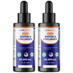 Vitamatic 2-pack liquid biotin and collagen bottle close-up