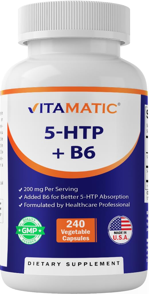 Vitamatic 5-HTP bottle label with 200 mg 5-HTP and 5 mg B6 per serving